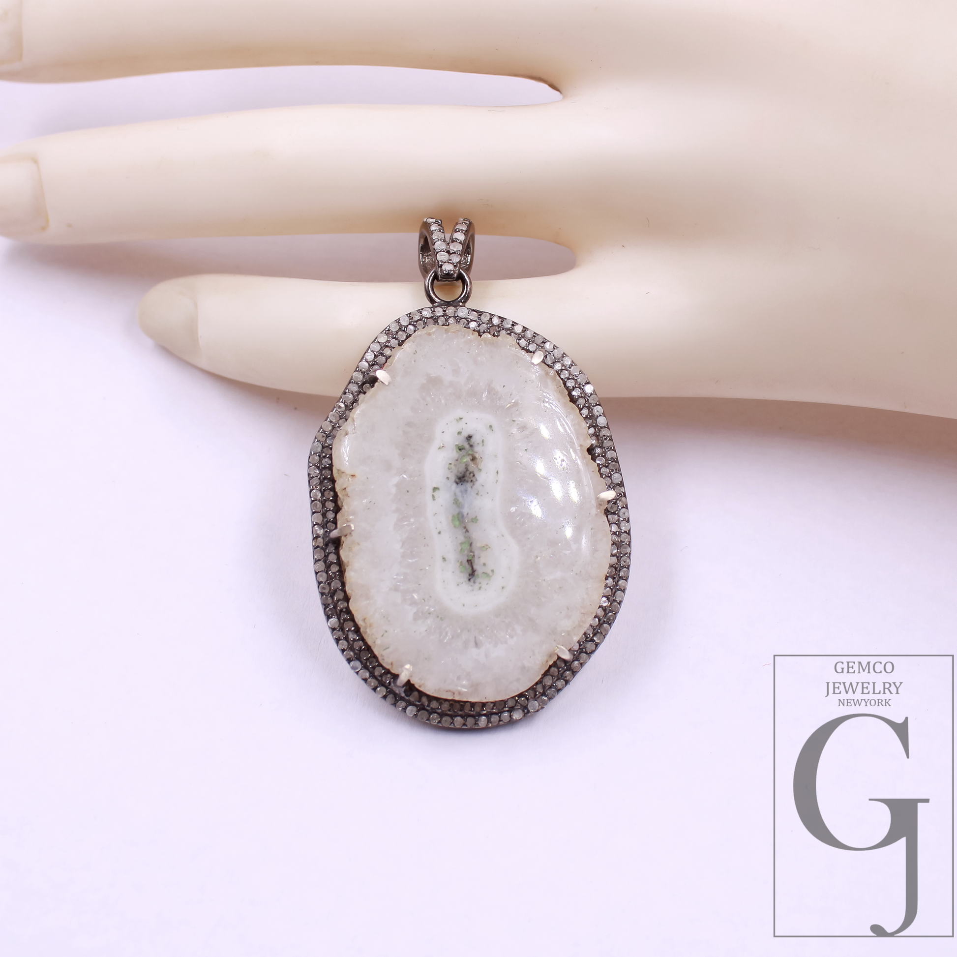 Natural White Agate Pendant With Pave Diamonds In 925 Sterling Silver Handmade Finish Pendant For Daily Wear