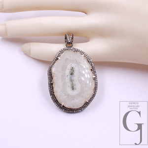 Natural White Agate Pendant With Pave Diamonds In 925 Sterling Silver Handmade Finish Pendant For Daily Wear