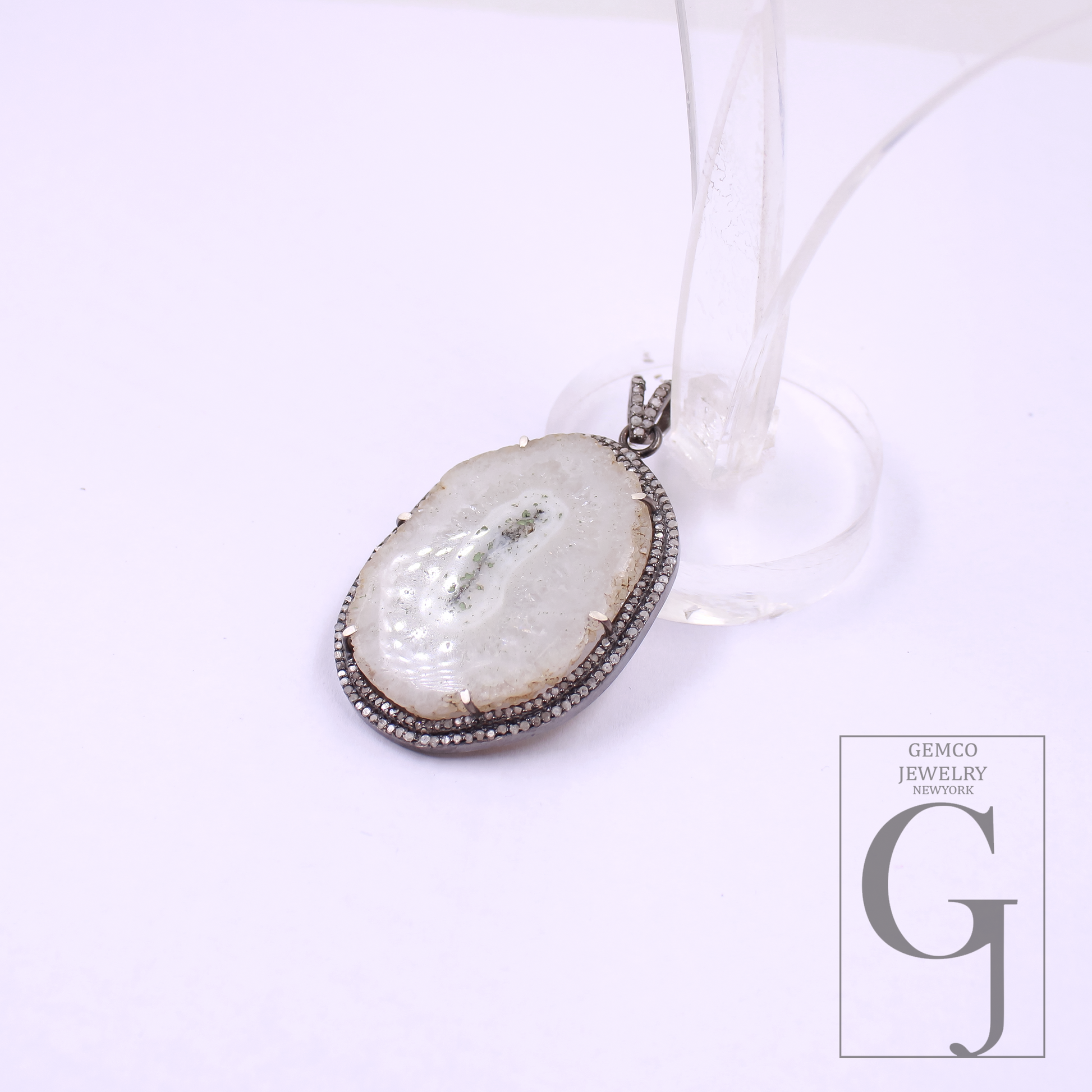 Natural White Agate Pendant With Pave Diamonds In 925 Sterling Silver Handmade Finish Pendant For Daily Wear