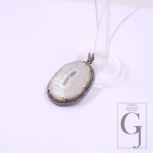 Natural White Agate Pendant With Pave Diamonds In 925 Sterling Silver Handmade Finish Pendant For Daily Wear