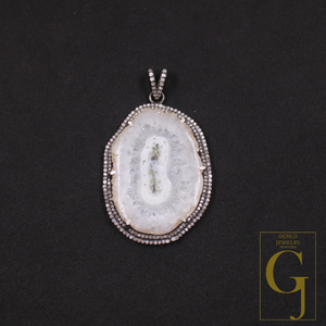 Natural White Agate Pendant With Pave Diamonds In 925 Sterling Silver Handmade Finish Pendant For Daily Wear