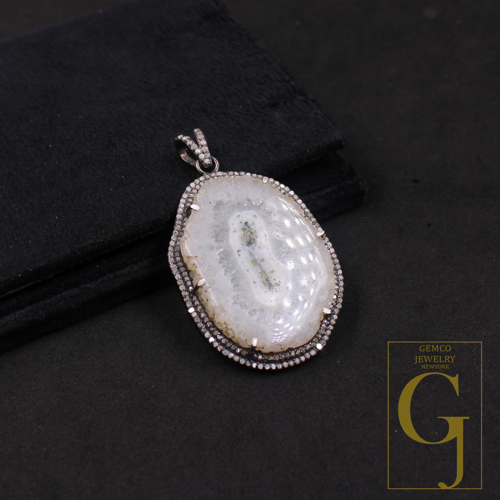 Natural White Agate Pendant With Pave Diamonds In 925 Sterling Silver Handmade Finish Pendant For Daily Wear