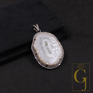 Natural White Agate Pendant With Pave Diamonds In 925 Sterling Silver Handmade Finish Pendant For Daily Wear