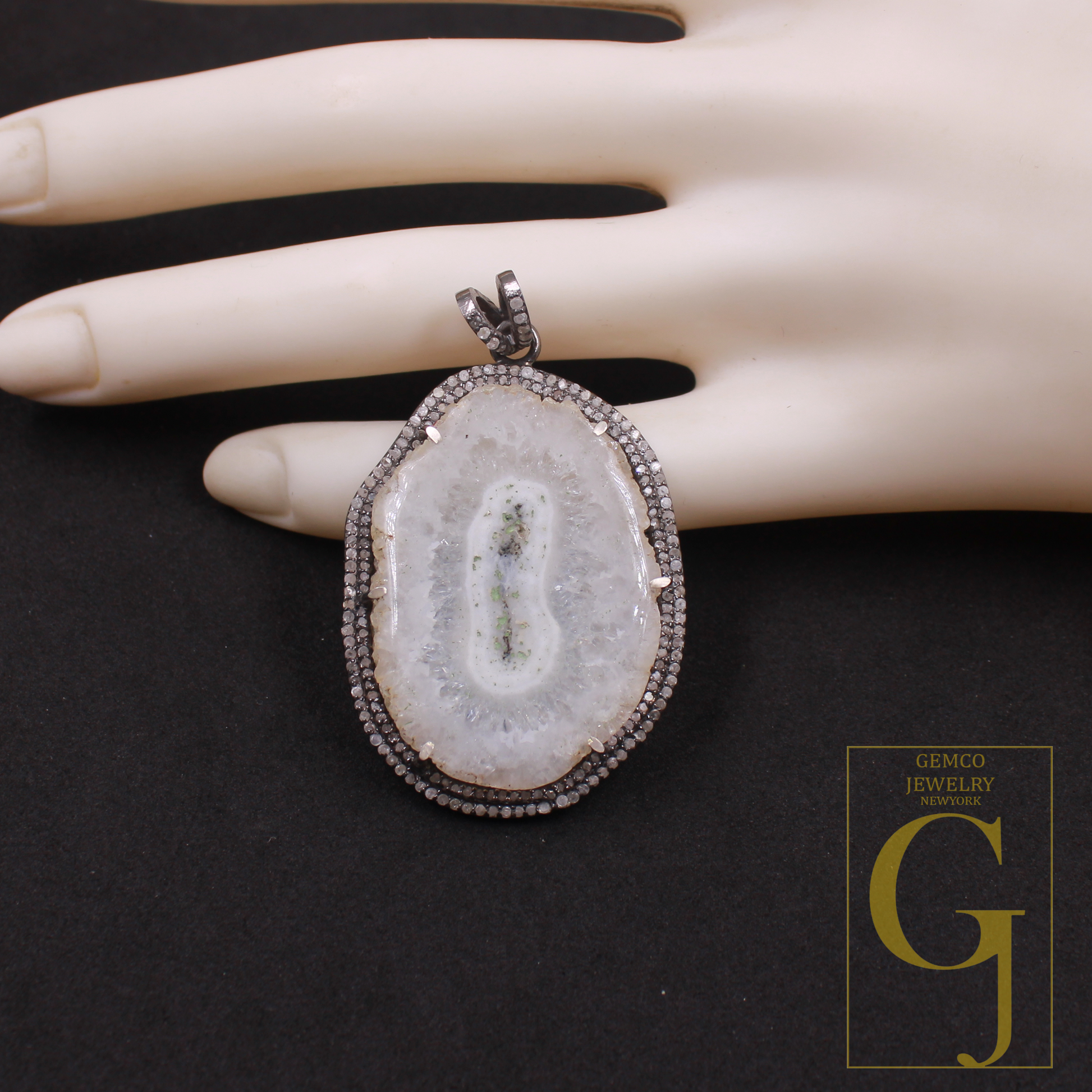 Natural White Agate Pendant With Pave Diamonds In 925 Sterling Silver Handmade Finish Pendant For Daily Wear