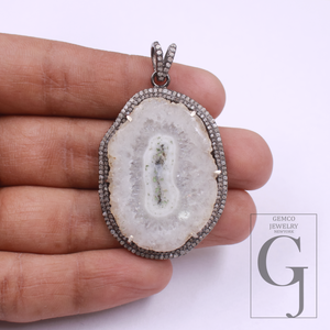 Natural White Agate Pendant With Pave Diamonds In 925 Sterling Silver Handmade Finish Pendant For Daily Wear