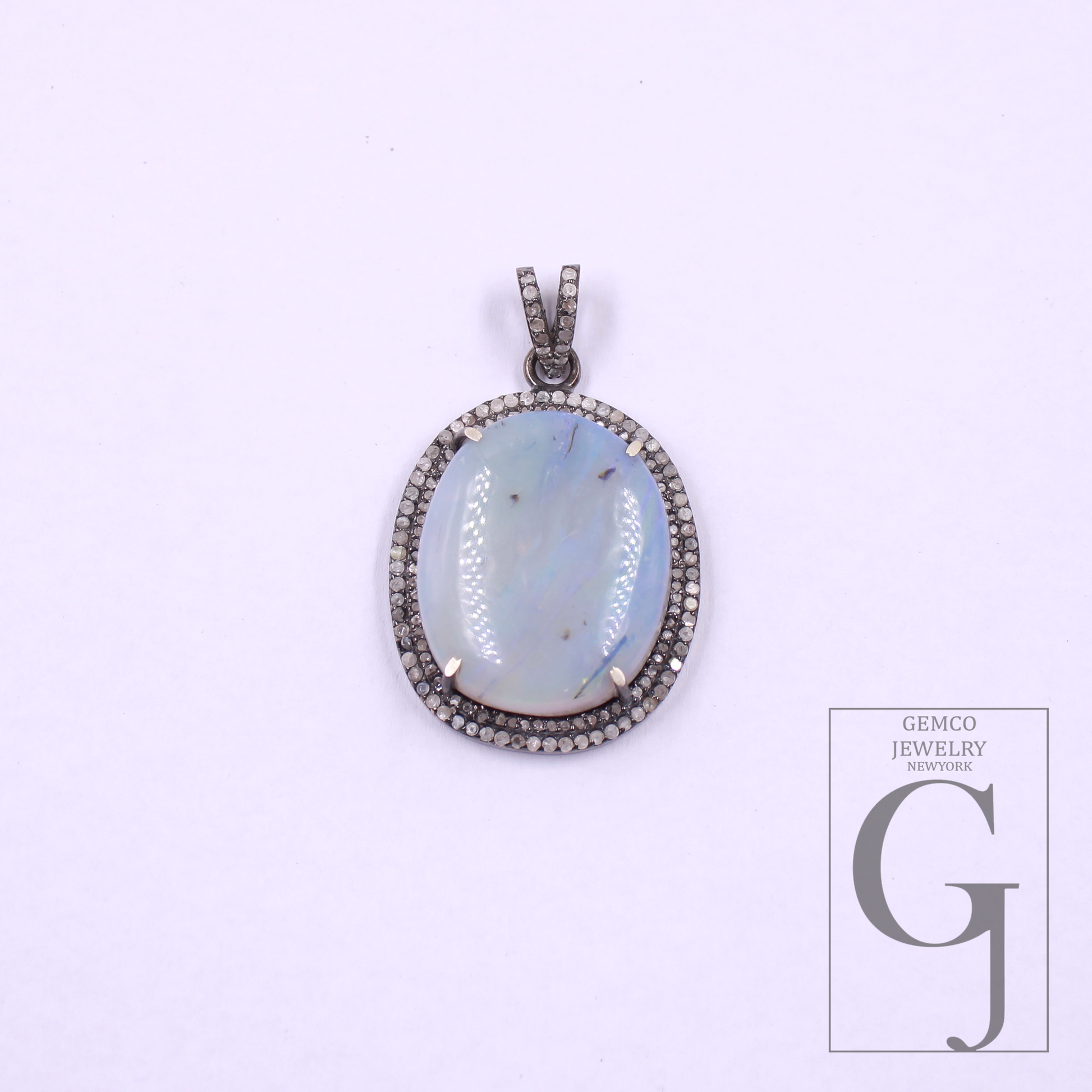 Natural Australian Opal Pendant With Pave Diamonds In 925 Sterling Silver Handmade Pendant For Everyday Wear