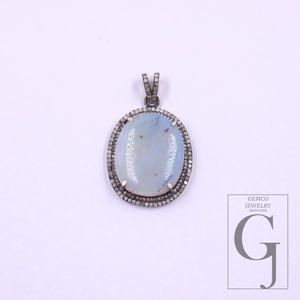 Natural Australian Opal Pendant With Pave Diamonds In 925 Sterling Silver Handmade Pendant For Everyday Wear