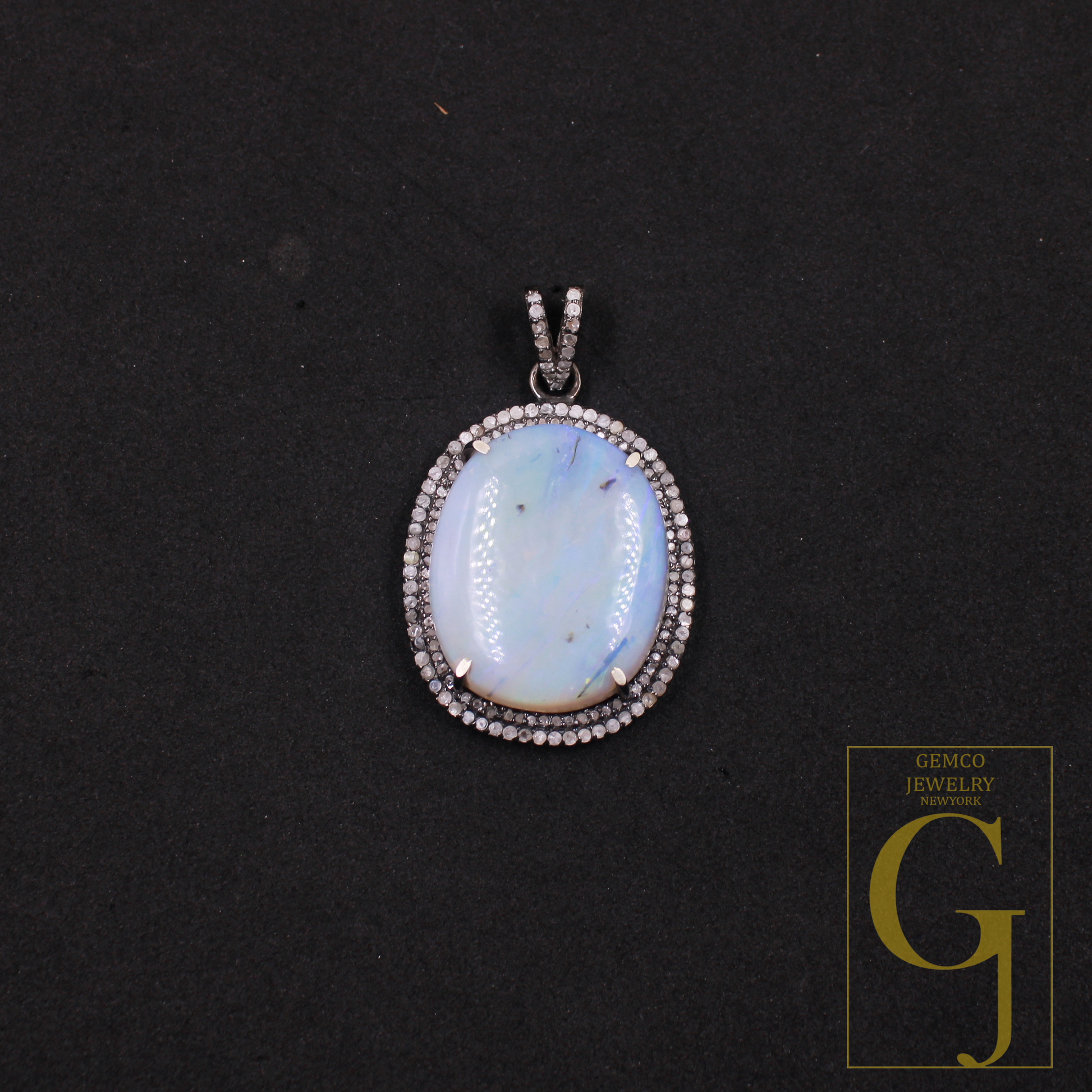 Natural Australian Opal Pendant With Pave Diamonds In 925 Sterling Silver Handmade Pendant For Everyday Wear