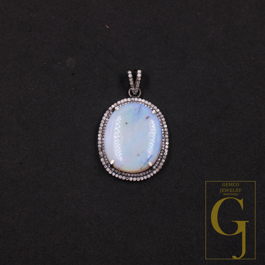 Natural Australian Opal Pendant With Pave Diamonds In 925 Sterling Silver Handmade Pendant For Everyday Wear