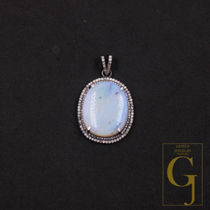 Natural Australian Opal Pendant With Pave Diamonds In 925 Sterling Silver Handmade Pendant For Everyday Wear