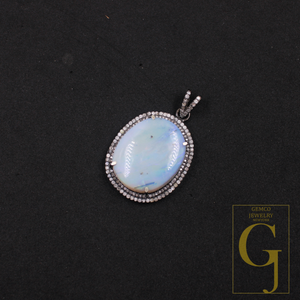 Natural Australian Opal Pendant With Pave Diamonds In 925 Sterling Silver Handmade Pendant For Everyday Wear