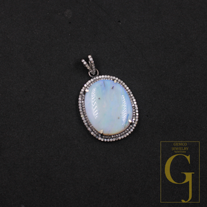 Natural Australian Opal Pendant With Pave Diamonds In 925 Sterling Silver Handmade Pendant For Everyday Wear