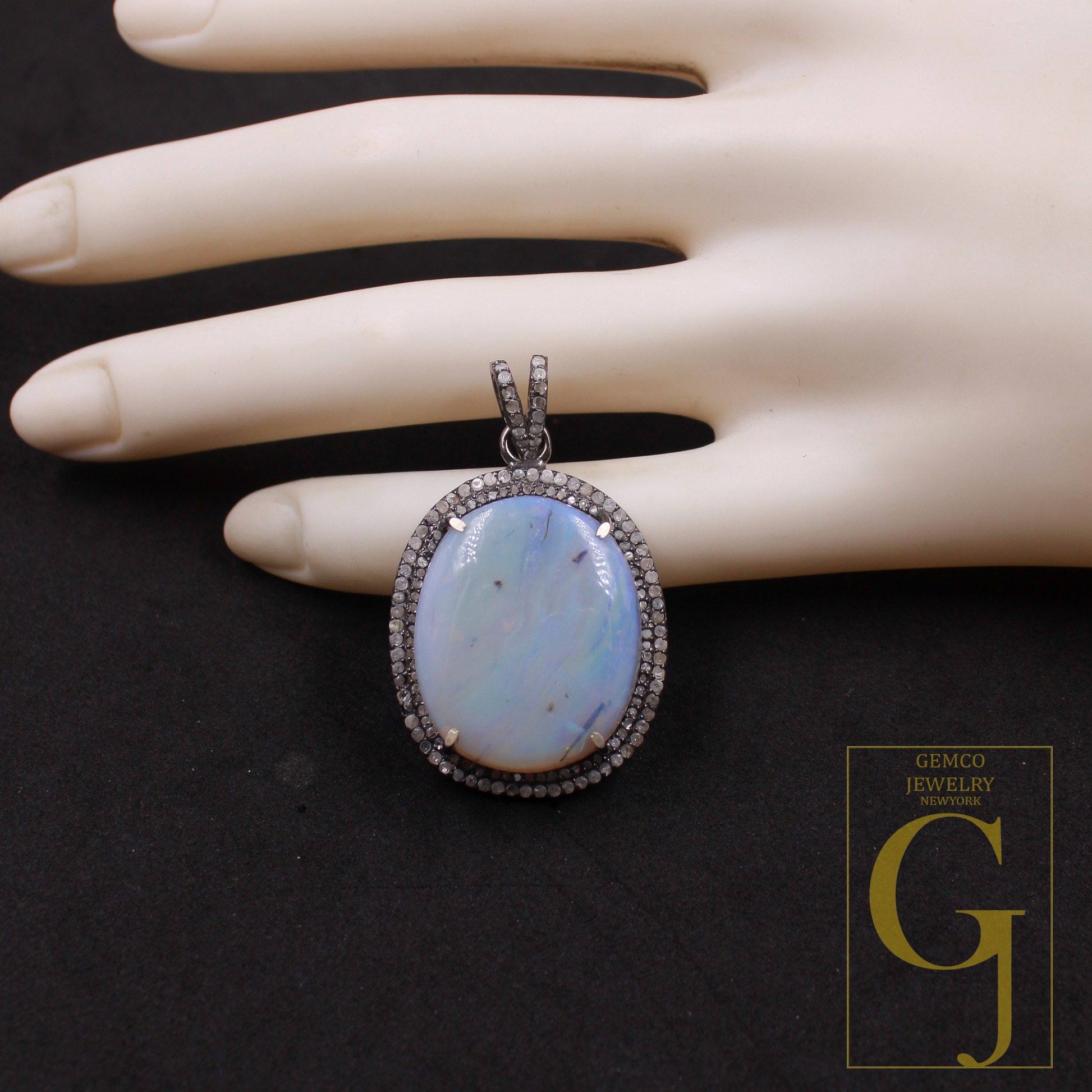 Natural Australian Opal Pendant With Pave Diamonds In 925 Sterling Silver Handmade Pendant For Everyday Wear
