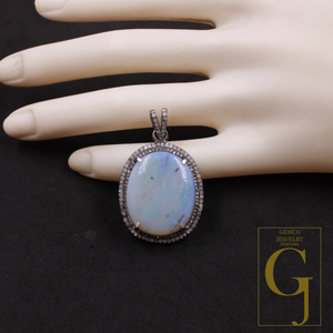 Natural Australian Opal Pendant With Pave Diamonds In 925 Sterling Silver Handmade Pendant For Everyday Wear