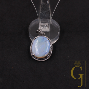 Natural Australian Opal Pendant With Pave Diamonds In 925 Sterling Silver Handmade Pendant For Everyday Wear
