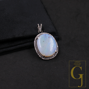 Natural Australian Opal Pendant With Pave Diamonds In 925 Sterling Silver Handmade Pendant For Everyday Wear