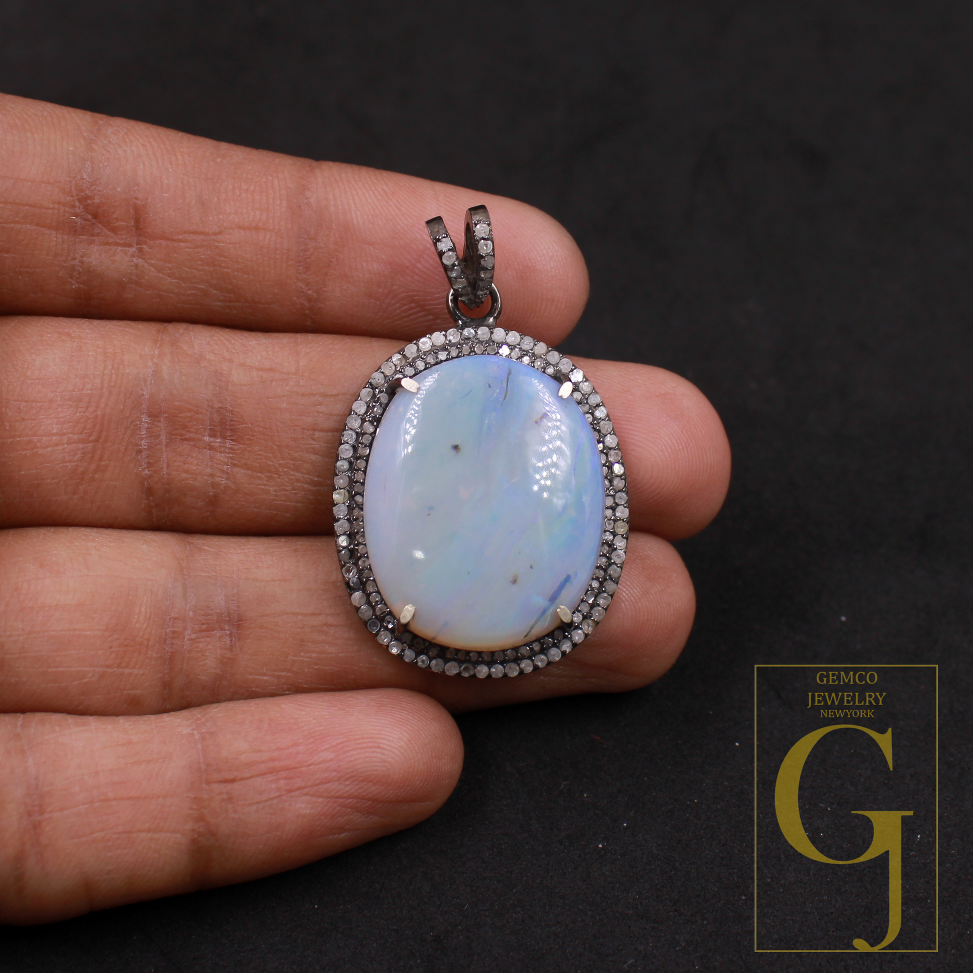 Natural Australian Opal Pendant With Pave Diamonds In 925 Sterling Silver Handmade Pendant For Everyday Wear