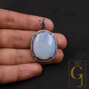 Natural Australian Opal Pendant With Pave Diamonds In 925 Sterling Silver Handmade Pendant For Everyday Wear