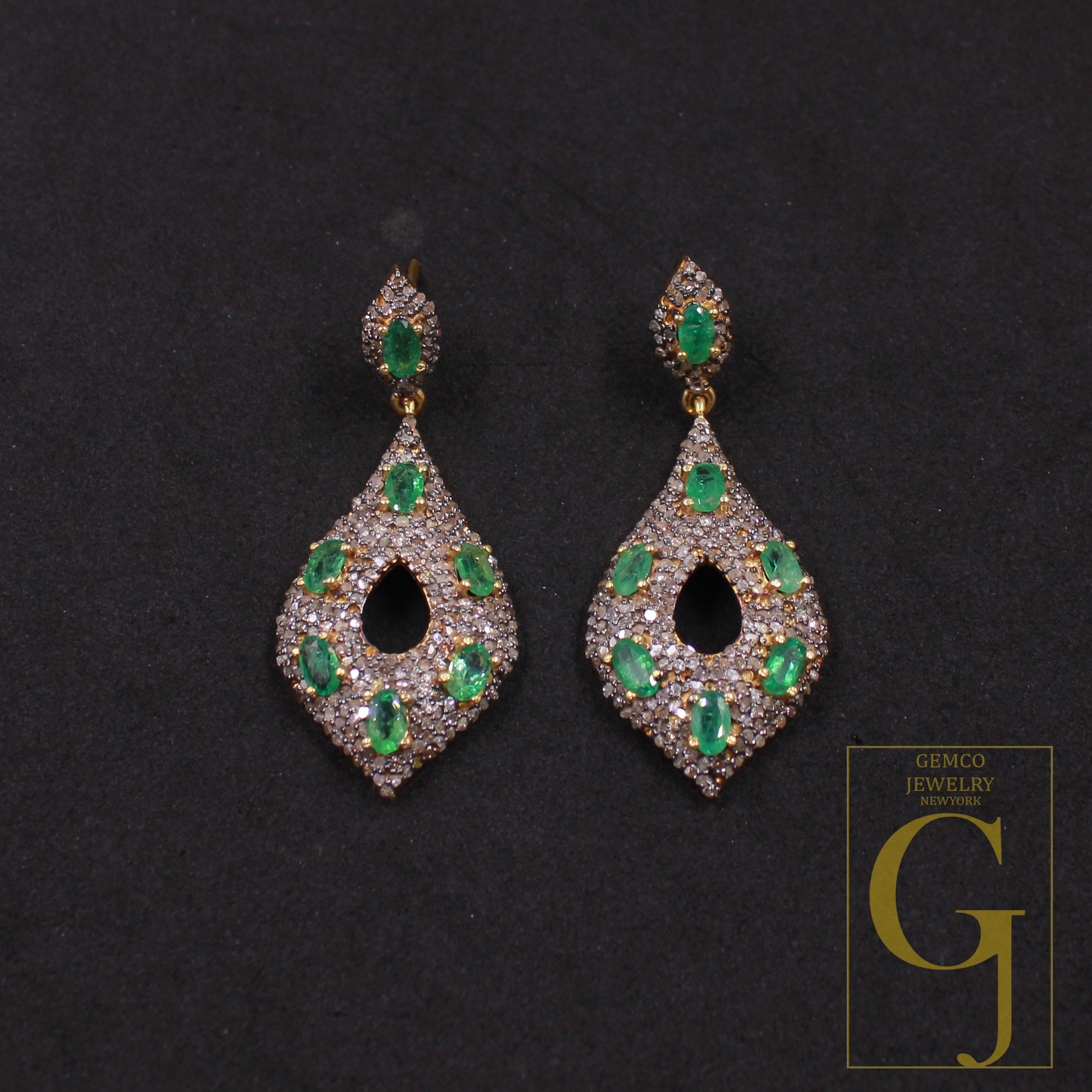 Natural Emerald Earrings With Pave Diamonds Vermeil 925 Sterling Silver Handmade Earrings For Wedding Gift