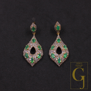 Natural Emerald Earrings With Pave Diamonds Vermeil 925 Sterling Silver Handmade Earrings For Wedding Gift