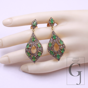 Natural Emerald Earrings With Pave Diamonds Vermeil 925 Sterling Silver Handmade Earrings For Wedding Gift