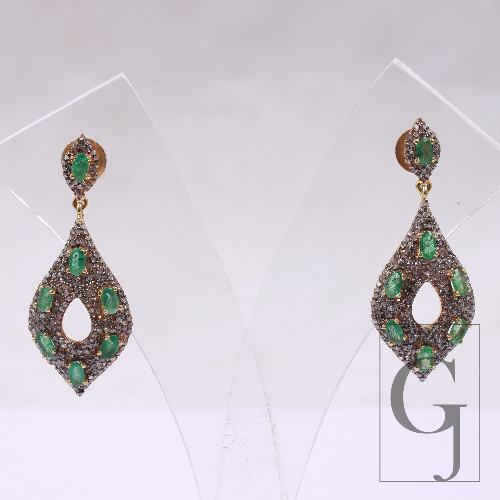Natural Emerald Earrings With Pave Diamonds Vermeil 925 Sterling Silver Handmade Earrings For Wedding Gift