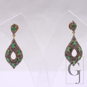 Natural Emerald Earrings With Pave Diamonds Vermeil 925 Sterling Silver Handmade Earrings For Wedding Gift