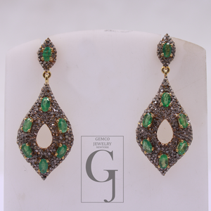 Natural Emerald Earrings With Pave Diamonds Vermeil 925 Sterling Silver Handmade Earrings For Wedding Gift