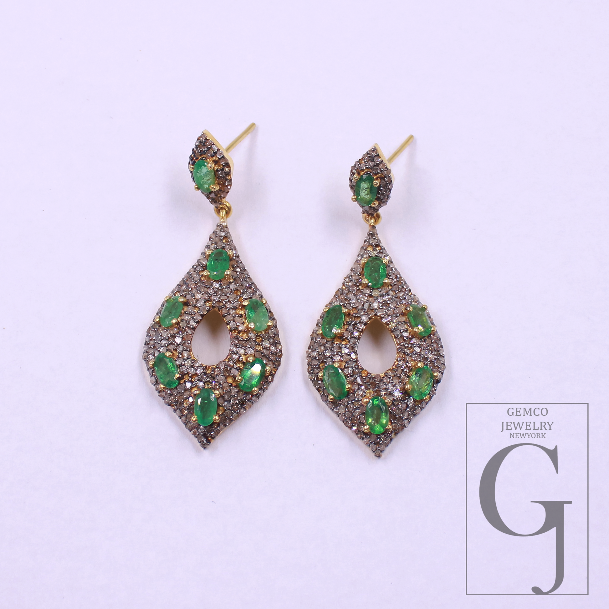 Natural Emerald Earrings With Pave Diamonds Vermeil 925 Sterling Silver Handmade Earrings For Wedding Gift