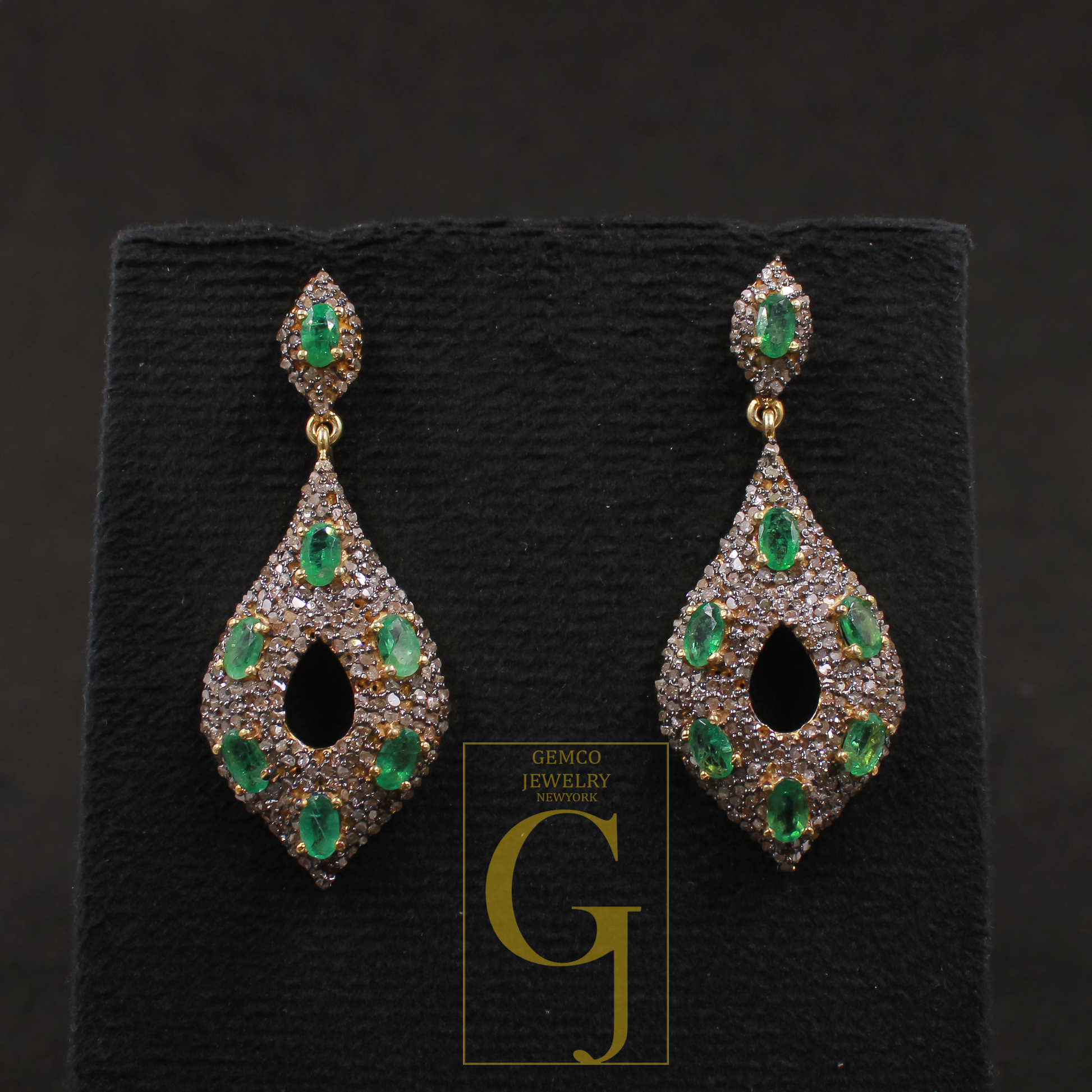 Natural Emerald Earrings With Pave Diamonds Vermeil 925 Sterling Silver Handmade Earrings For Wedding Gift