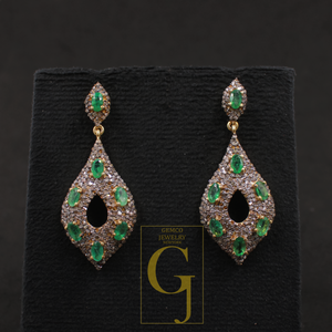 Natural Emerald Earrings With Pave Diamonds Vermeil 925 Sterling Silver Handmade Earrings For Wedding Gift