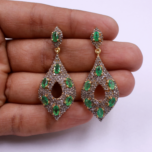 Natural Emerald Earrings With Pave Diamonds Vermeil 925 Sterling Silver Handmade Earrings For Wedding Gift
