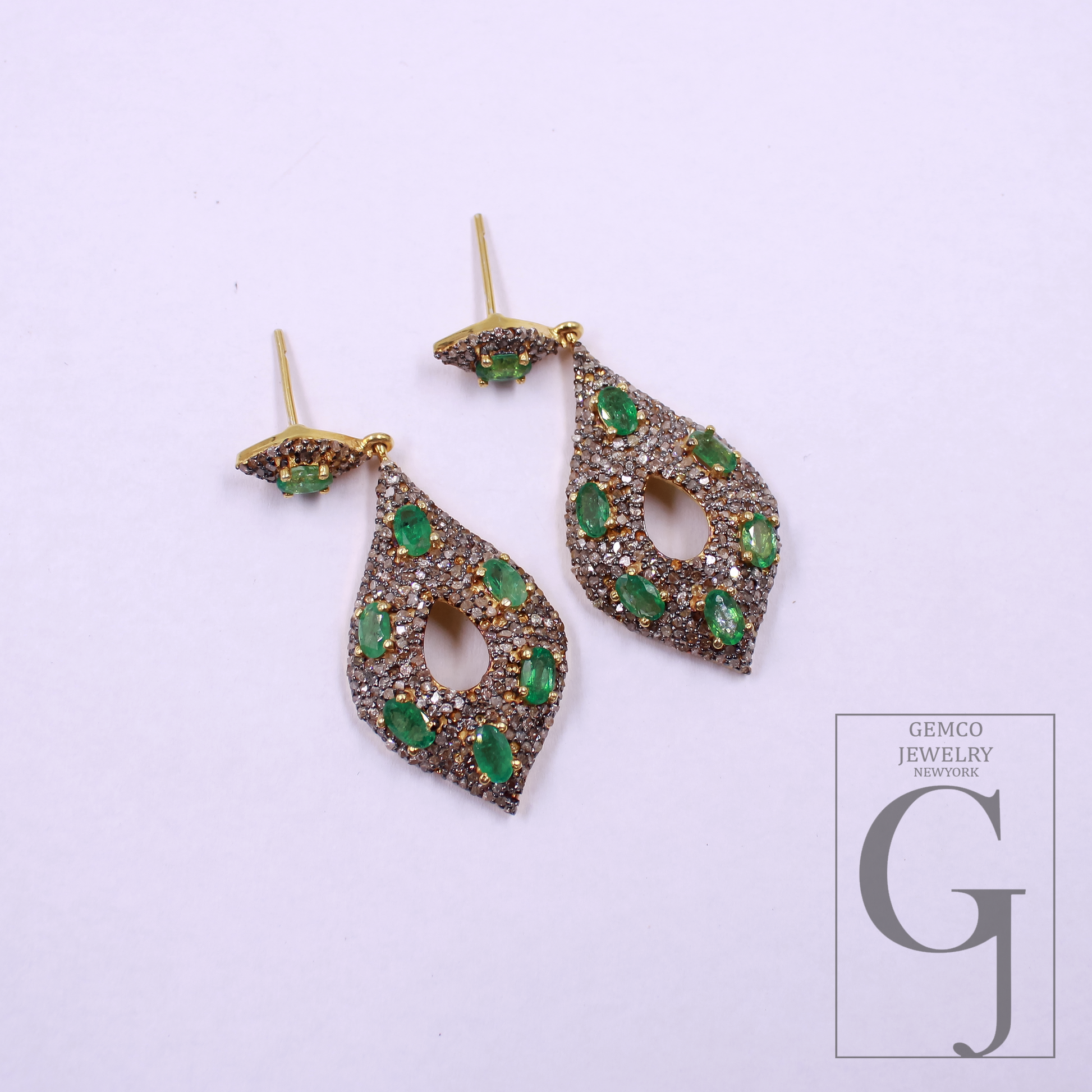 Natural Emerald Earrings With Pave Diamonds Vermeil 925 Sterling Silver Handmade Earrings For Wedding Gift