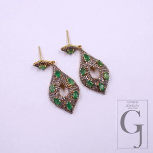Natural Emerald Earrings With Pave Diamonds Vermeil 925 Sterling Silver Handmade Earrings For Wedding Gift