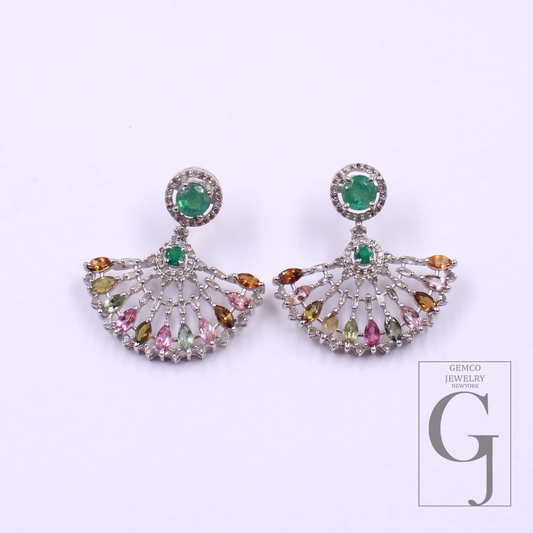 Natural Multi Tourmaline And Emerald Earrings With Pave Diamonds In 925 Sterling Silver Handmade Finish Wedding Jewelry