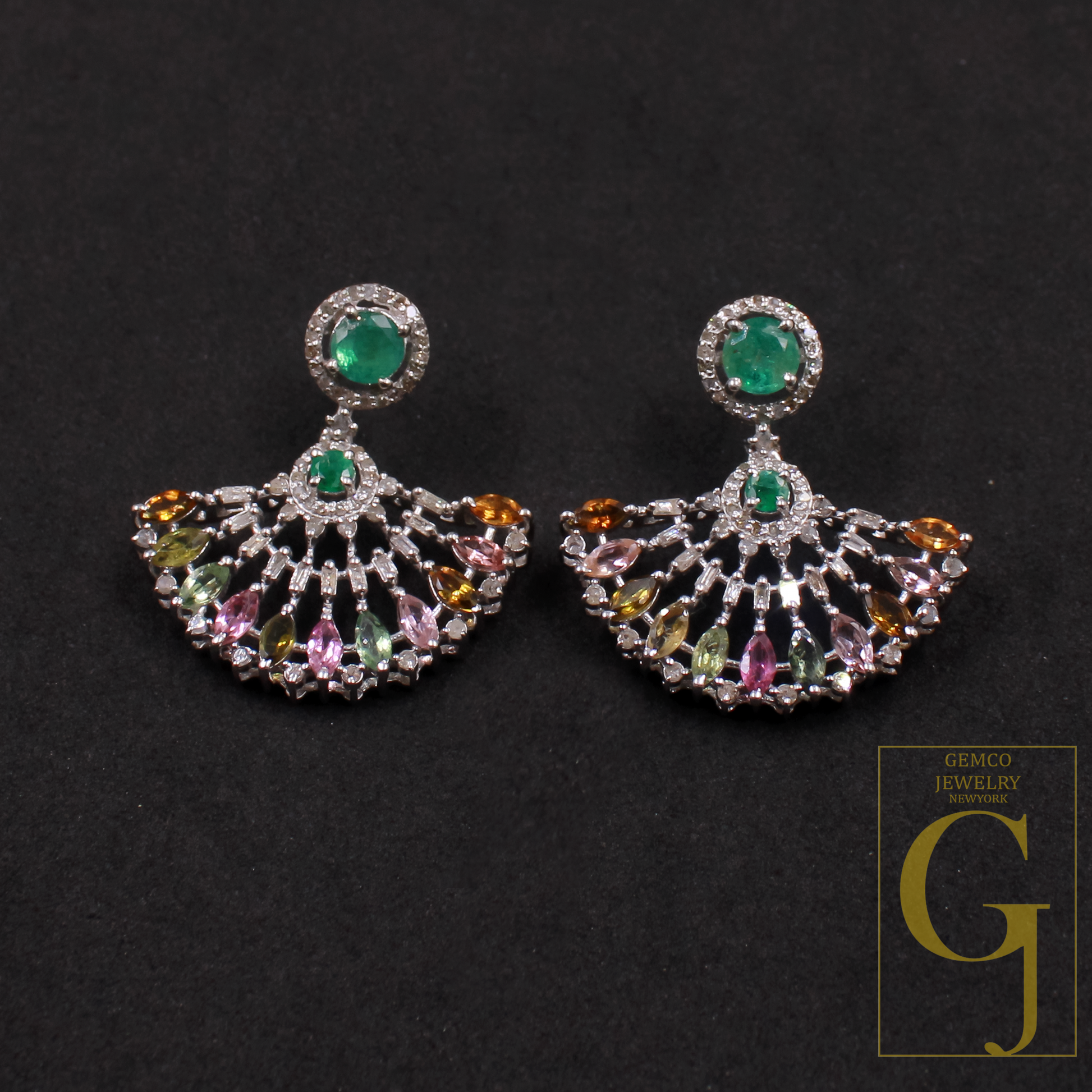 Natural Multi Tourmaline And Emerald Earrings With Pave Diamonds In 925 Sterling Silver Handmade Finish Wedding Jewelry