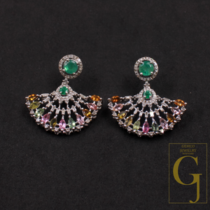Natural Multi Tourmaline And Emerald Earrings With Pave Diamonds In 925 Sterling Silver Handmade Finish Wedding Jewelry