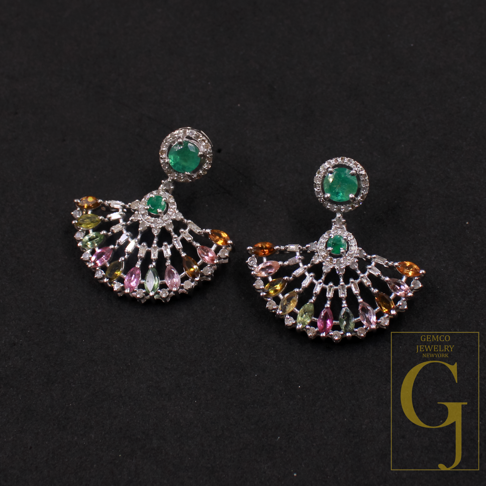 Natural Multi Tourmaline And Emerald Earrings With Pave Diamonds In 925 Sterling Silver Handmade Finish Wedding Jewelry