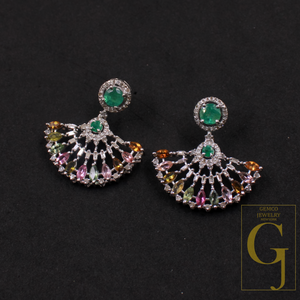 Natural Multi Tourmaline And Emerald Earrings With Pave Diamonds In 925 Sterling Silver Handmade Finish Wedding Jewelry