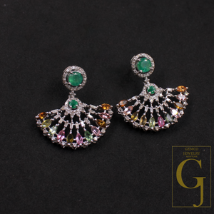 Natural Multi Tourmaline And Emerald Earrings With Pave Diamonds In 925 Sterling Silver Handmade Finish Wedding Jewelry