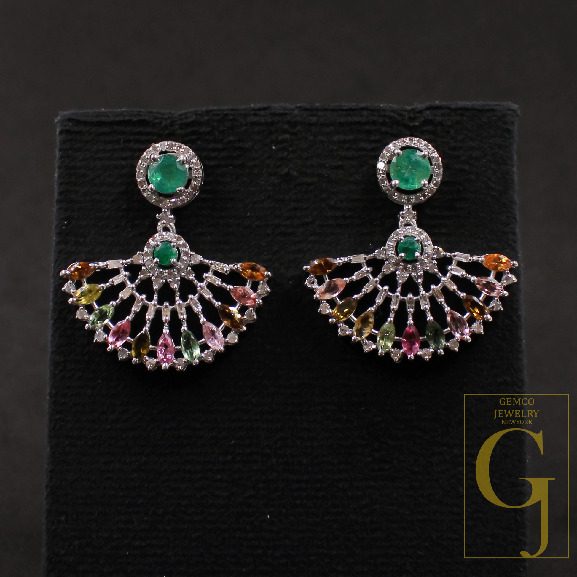 Natural Multi Tourmaline And Emerald Earrings With Pave Diamonds In 925 Sterling Silver Handmade Finish Wedding Jewelry