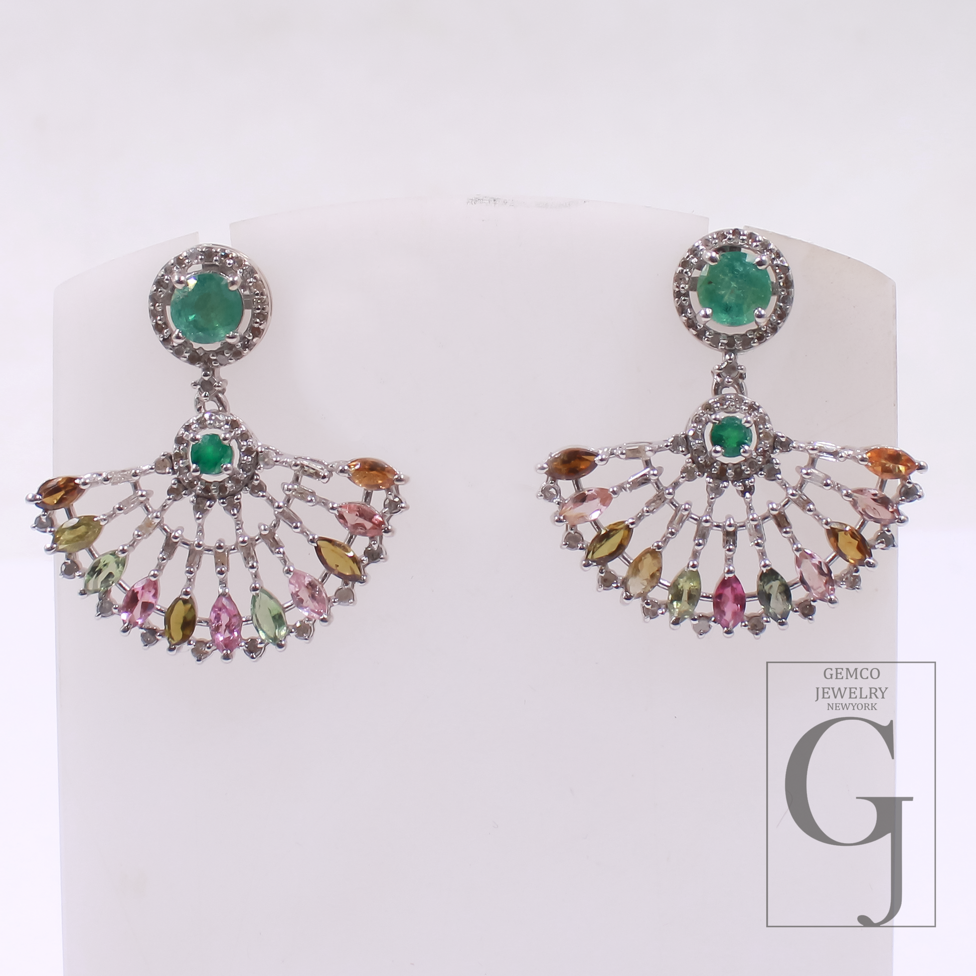 Natural Multi Tourmaline And Emerald Earrings With Pave Diamonds In 925 Sterling Silver Handmade Finish Wedding Jewelry