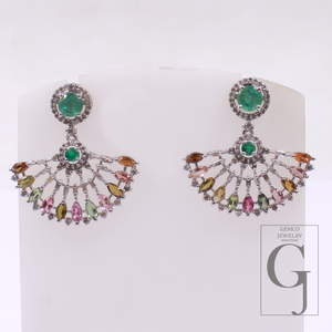 Natural Multi Tourmaline And Emerald Earrings With Pave Diamonds In 925 Sterling Silver Handmade Finish Wedding Jewelry