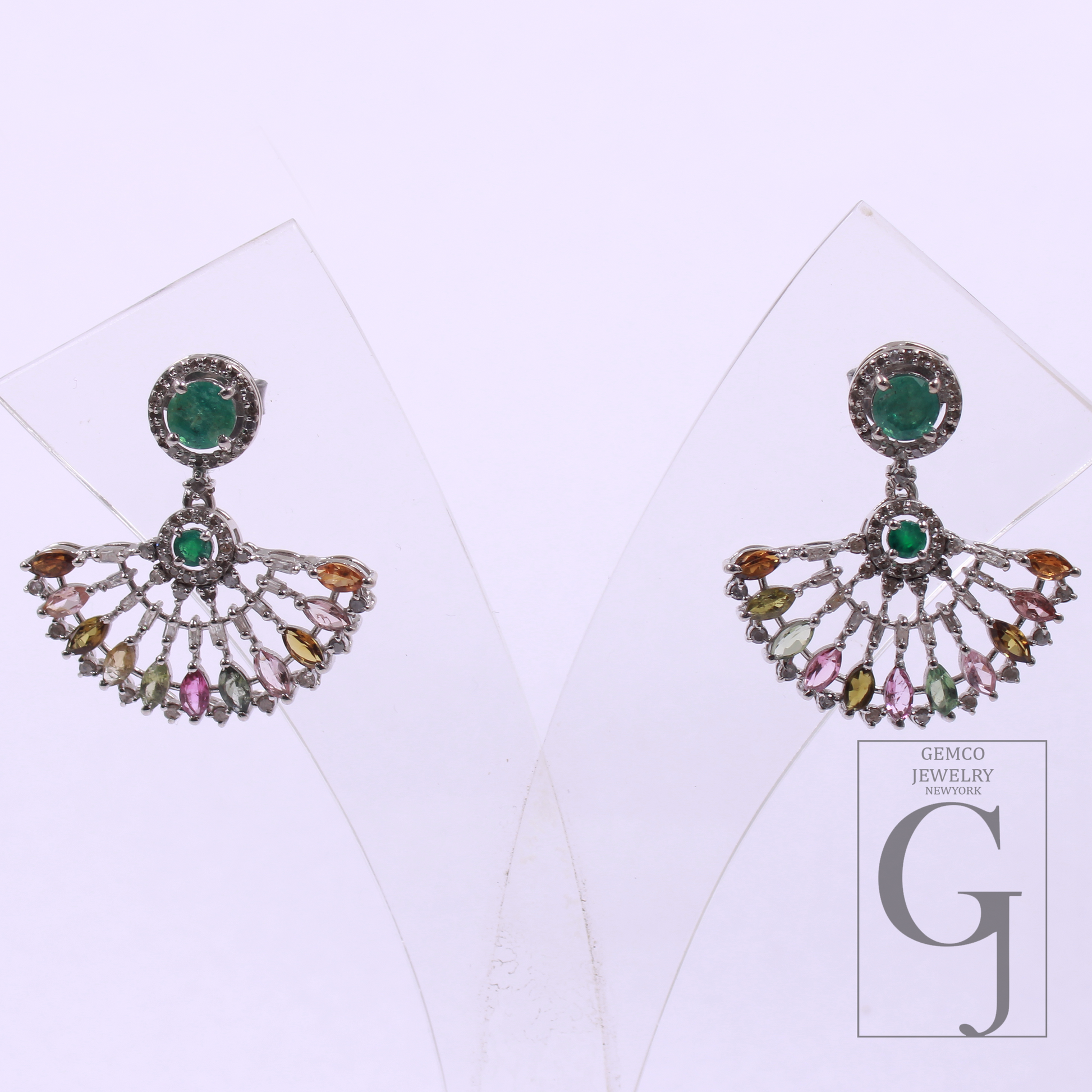 Natural Multi Tourmaline And Emerald Earrings With Pave Diamonds In 925 Sterling Silver Handmade Finish Wedding Jewelry
