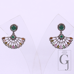 Natural Multi Tourmaline And Emerald Earrings With Pave Diamonds In 925 Sterling Silver Handmade Finish Wedding Jewelry