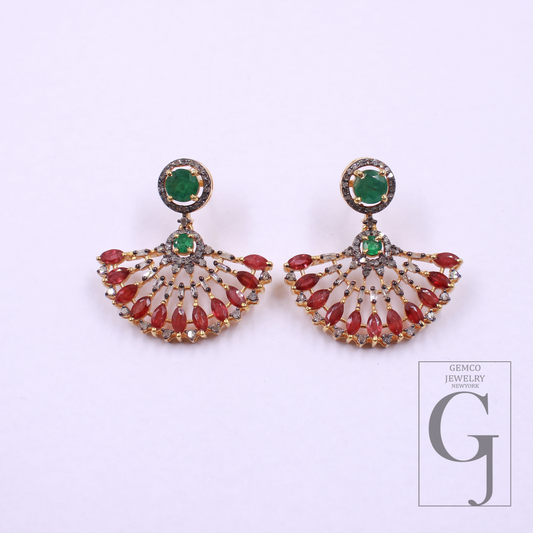 Natural Emerald And Ruby With Pave Diamonds, Gold Plated 925 Sterling Silver Handmade Jewelry Gift For Her
