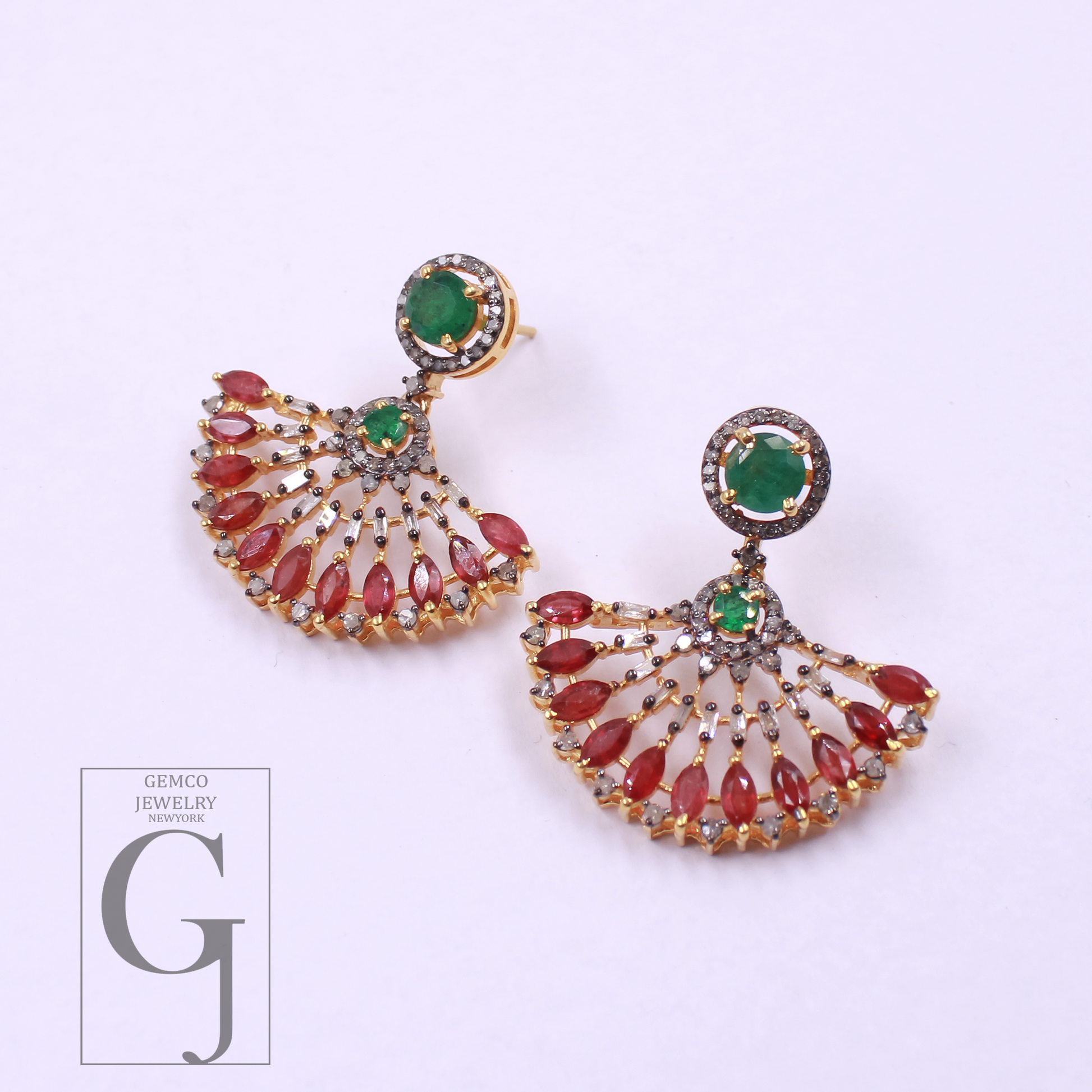Natural Emerald And Ruby With Pave Diamonds, Gold Plated 925 Sterling Silver Handmade Jewelry Gift For Her