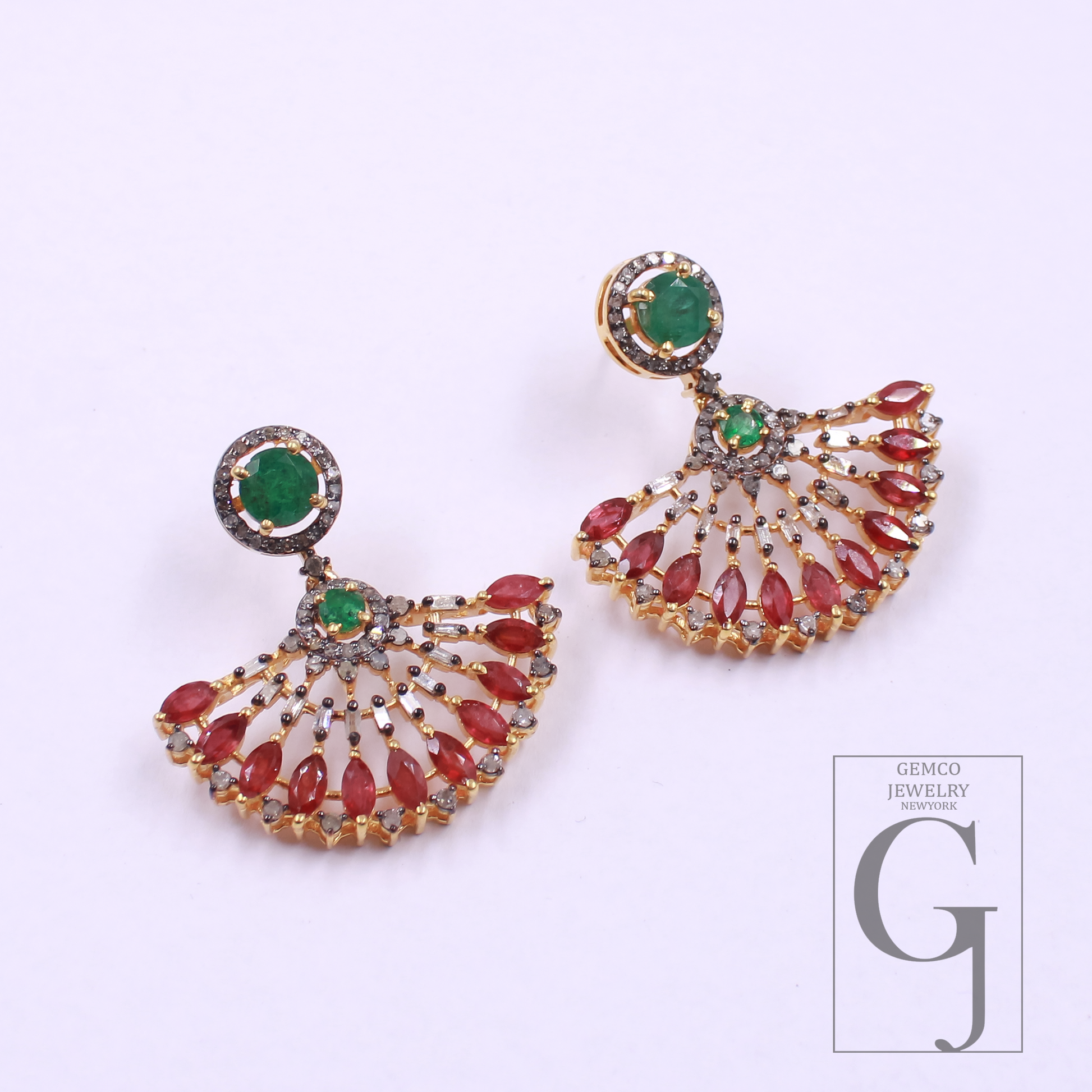 Natural Emerald And Ruby With Pave Diamonds, Gold Plated 925 Sterling Silver Handmade Jewelry Gift For Her
