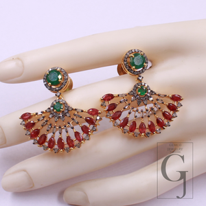 Natural Emerald And Ruby With Pave Diamonds, Gold Plated 925 Sterling Silver Handmade Jewelry Gift For Her