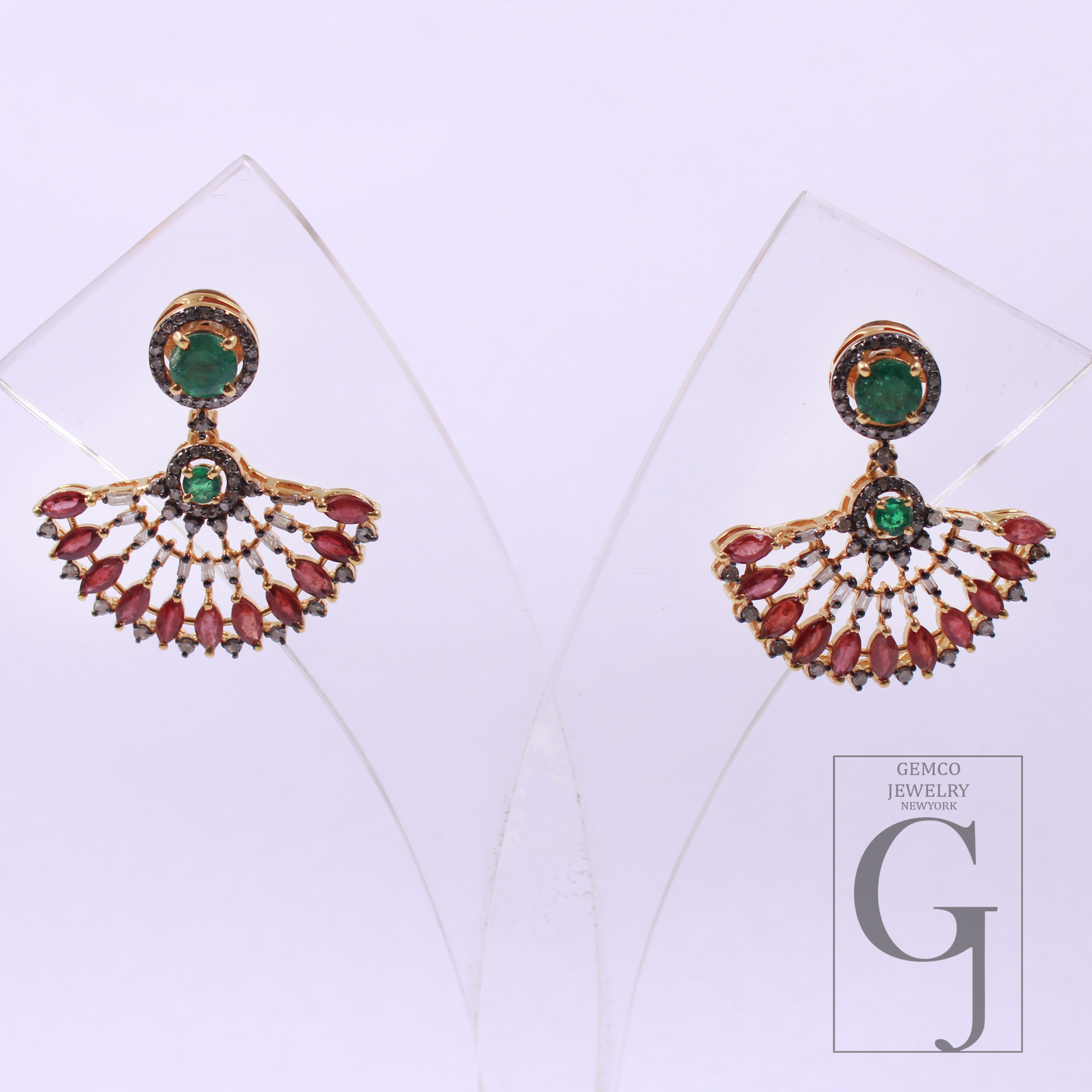 Natural Emerald And Ruby With Pave Diamonds, Gold Plated 925 Sterling Silver Handmade Jewelry Gift For Her
